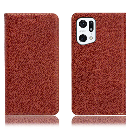 Leather Case Stands Flip Cover Holder H02P for Oppo Find X5 Pro 5G Brown