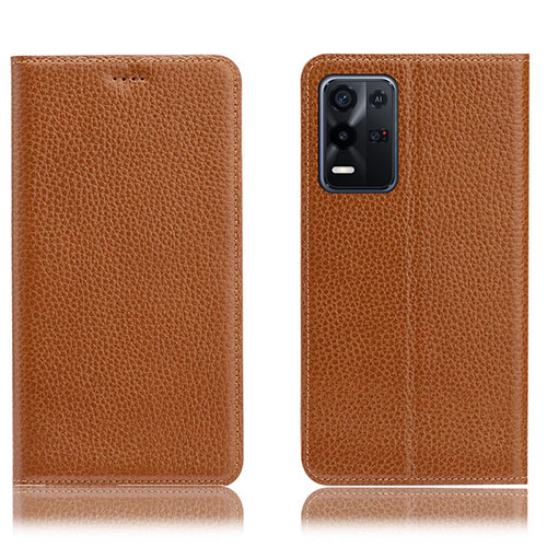 Leather Case Stands Flip Cover Holder H02P for Oppo K9X 5G Light Brown