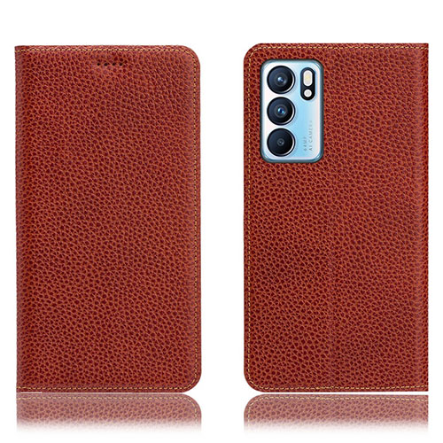 Leather Case Stands Flip Cover Holder H02P for Oppo Reno6 5G Brown