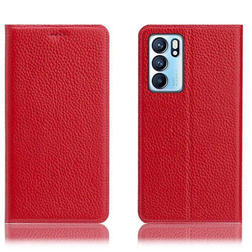 Leather Case Stands Flip Cover Holder H02P for Oppo Reno6 5G Red