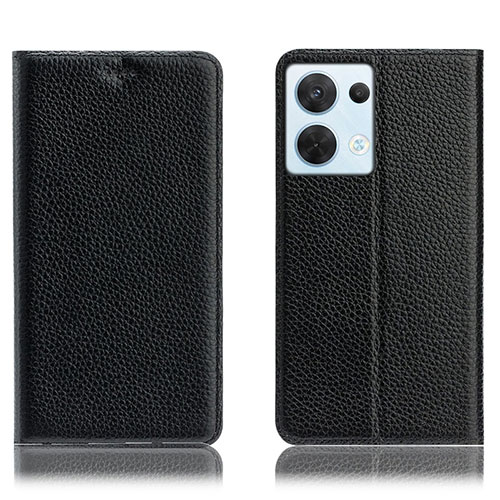Leather Case Stands Flip Cover Holder H02P for Oppo Reno9 5G Black