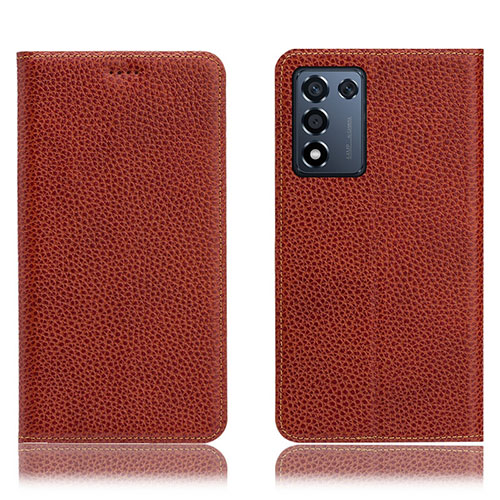 Leather Case Stands Flip Cover Holder H02P for Realme Q3s 5G Brown