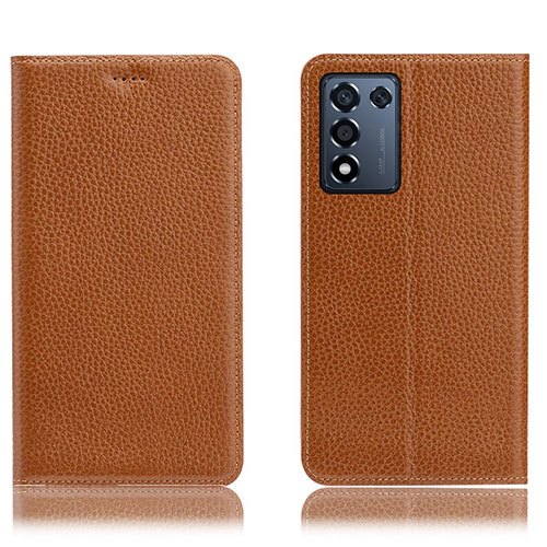 Leather Case Stands Flip Cover Holder H02P for Realme Q3t 5G Light Brown