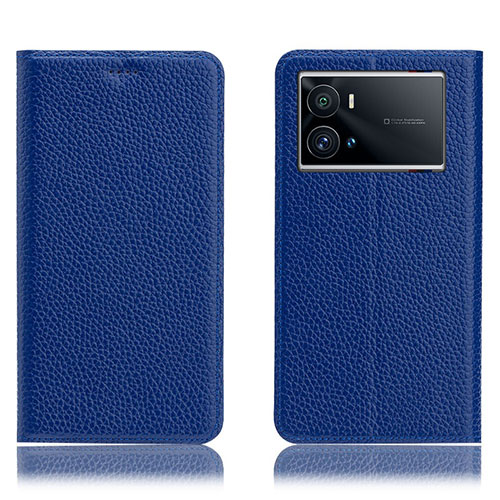 Leather Case Stands Flip Cover Holder H02P for Vivo iQOO 9 5G Blue