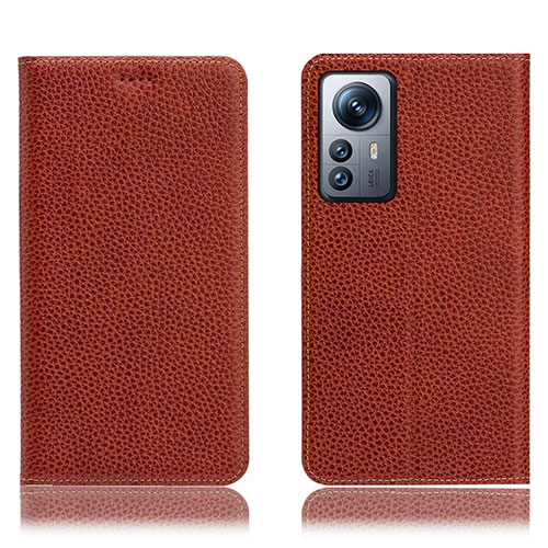 Leather Case Stands Flip Cover Holder H02P for Xiaomi Mi 12 5G Brown