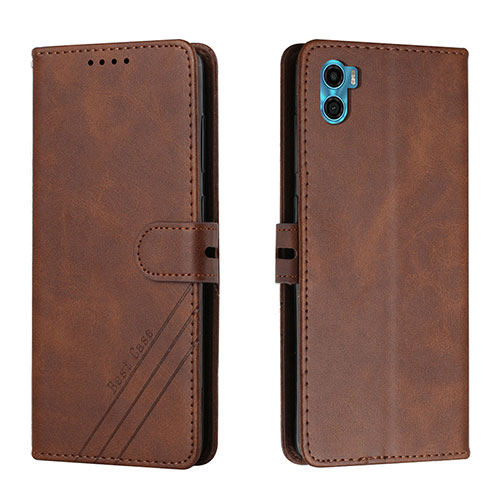 Leather Case Stands Flip Cover Holder H02X for Motorola Moto E22S Brown