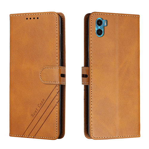 Leather Case Stands Flip Cover Holder H02X for Motorola Moto E22S Light Brown