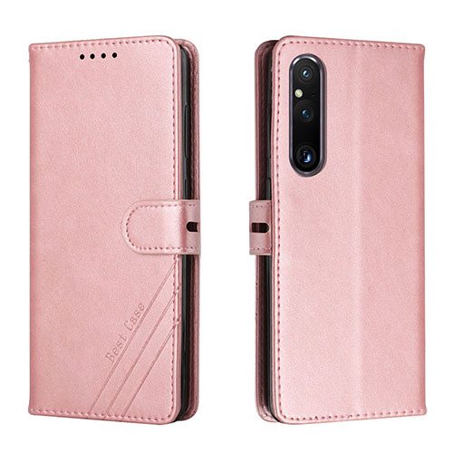 Leather Case Stands Flip Cover Holder H02X for Sony Xperia 1 V Rose Gold