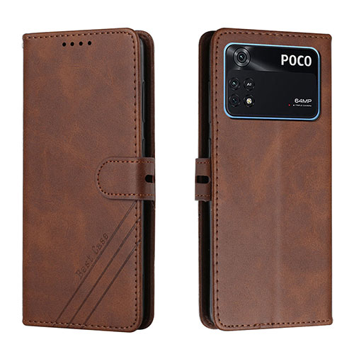 Leather Case Stands Flip Cover Holder H02X for Xiaomi Poco M4 Pro 4G Brown