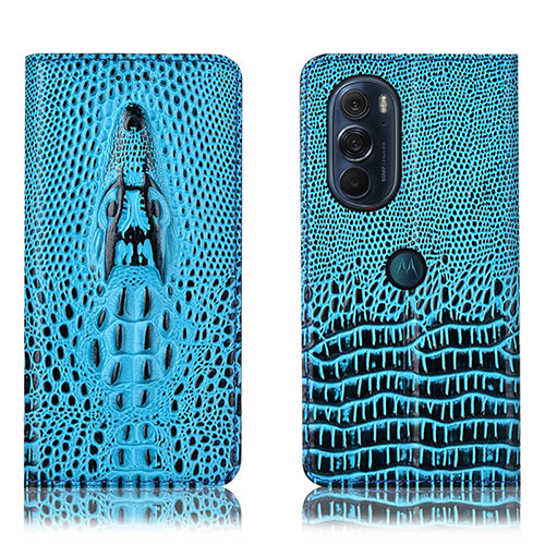 Leather Case Stands Flip Cover Holder H03P for Motorola Moto Edge Plus (2022) 5G Sky Blue