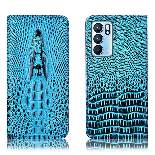 Leather Case Stands Flip Cover Holder H03P for Oppo Reno6 5G Sky Blue