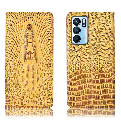 Leather Case Stands Flip Cover Holder H03P for Oppo Reno6 5G Yellow