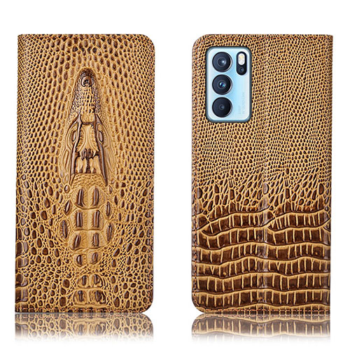 Leather Case Stands Flip Cover Holder H03P for Oppo Reno6 Pro 5G India Brown