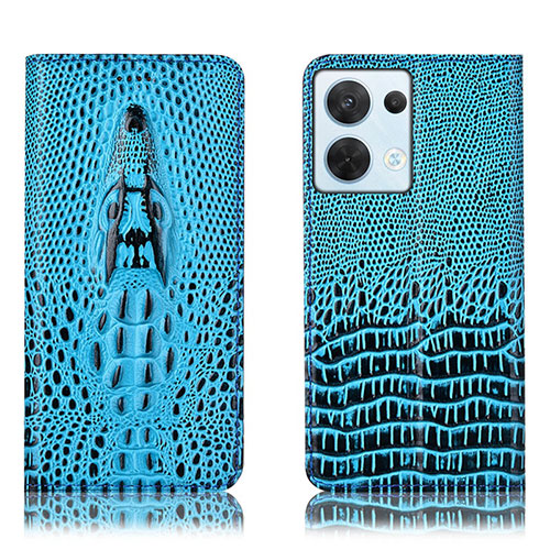 Leather Case Stands Flip Cover Holder H03P for Oppo Reno9 5G Sky Blue