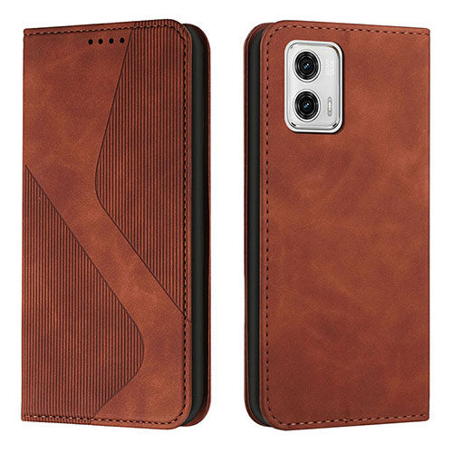 Leather Case Stands Flip Cover Holder H03X for Motorola Moto G73 5G Brown