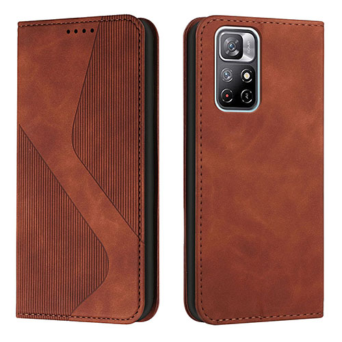 Leather Case Stands Flip Cover Holder H03X for Xiaomi Poco M4 Pro 5G Brown