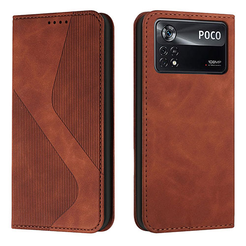 Leather Case Stands Flip Cover Holder H03X for Xiaomi Poco X4 Pro 5G Brown