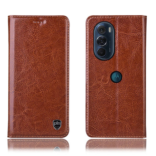 Leather Case Stands Flip Cover Holder H04P for Motorola Moto Edge 30 Pro 5G Light Brown