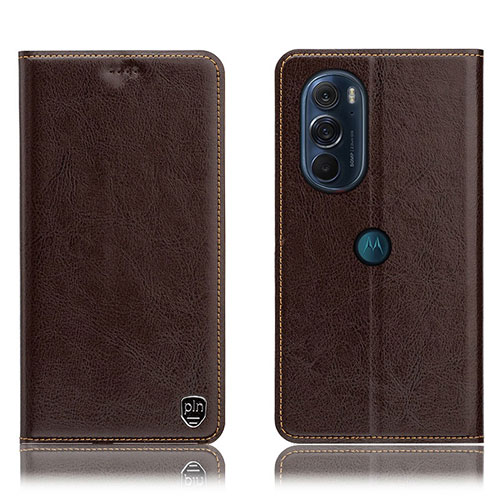 Leather Case Stands Flip Cover Holder H04P for Motorola Moto Edge Plus (2022) 5G Brown