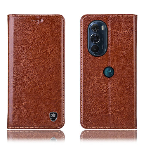 Leather Case Stands Flip Cover Holder H04P for Motorola Moto Edge X30 5G Light Brown