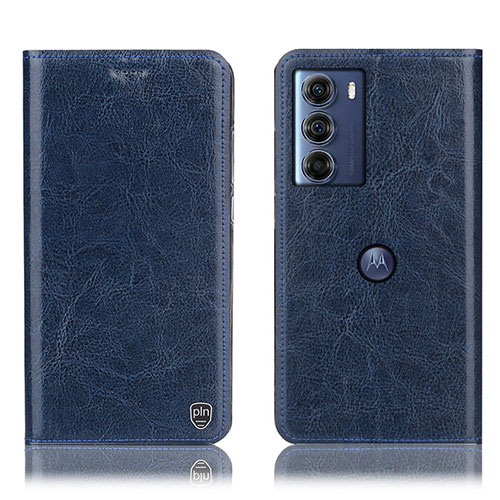 Leather Case Stands Flip Cover Holder H04P for Motorola Moto G200 5G Blue