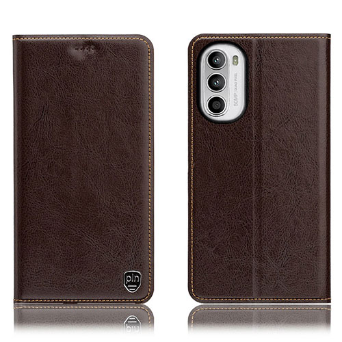 Leather Case Stands Flip Cover Holder H04P for Motorola Moto G82 5G Brown