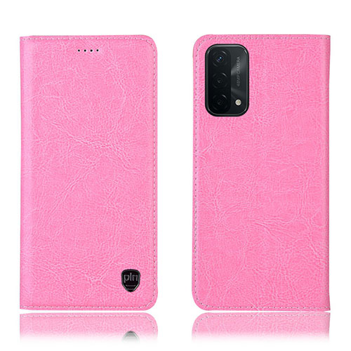 Leather Case Stands Flip Cover Holder H04P for Oppo A54 5G Pink