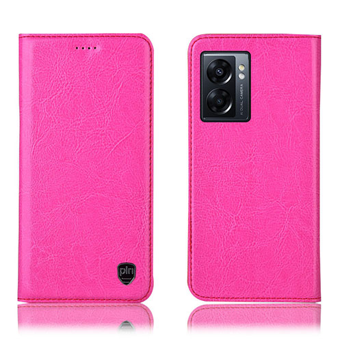 Leather Case Stands Flip Cover Holder H04P for Oppo A57 5G Hot Pink