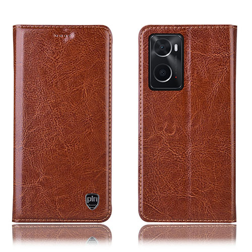 Leather Case Stands Flip Cover Holder H04P for Oppo A76 Light Brown