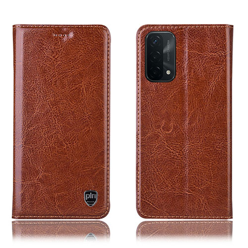 Leather Case Stands Flip Cover Holder H04P for Oppo A93 5G Light Brown