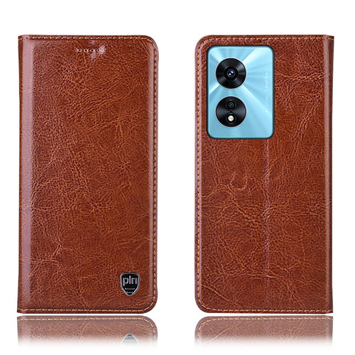 Leather Case Stands Flip Cover Holder H04P for Oppo A98 5G Light Brown