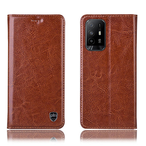 Leather Case Stands Flip Cover Holder H04P for Oppo F19 Pro+ Plus 5G Light Brown