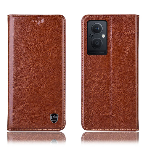 Leather Case Stands Flip Cover Holder H04P for Oppo F21 Pro 5G Light Brown