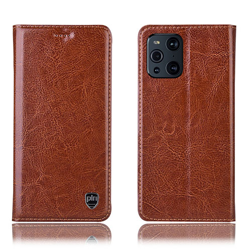 Leather Case Stands Flip Cover Holder H04P for Oppo Find X3 Pro 5G Light Brown