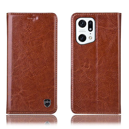 Leather Case Stands Flip Cover Holder H04P for Oppo Find X5 Pro 5G Light Brown