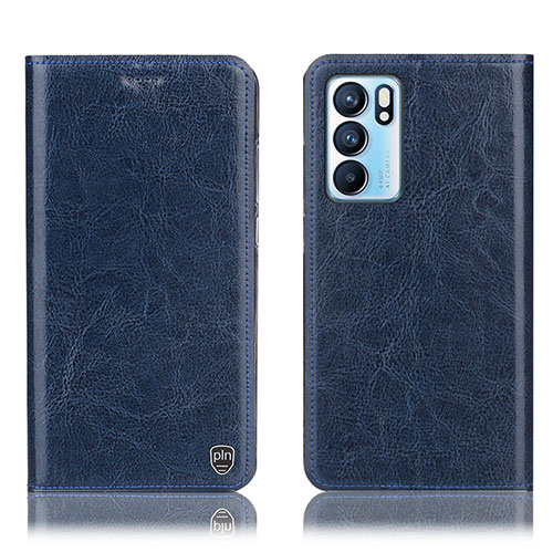 Leather Case Stands Flip Cover Holder H04P for Oppo Reno6 5G Blue