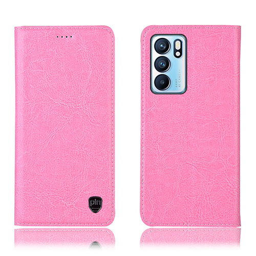 Leather Case Stands Flip Cover Holder H04P for Oppo Reno6 5G Pink