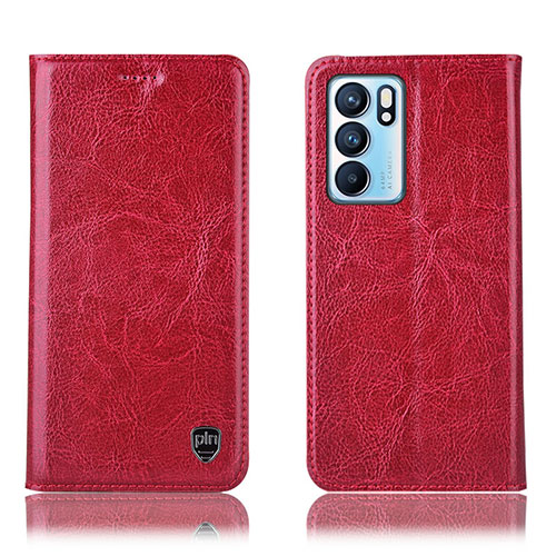 Leather Case Stands Flip Cover Holder H04P for Oppo Reno6 5G Red