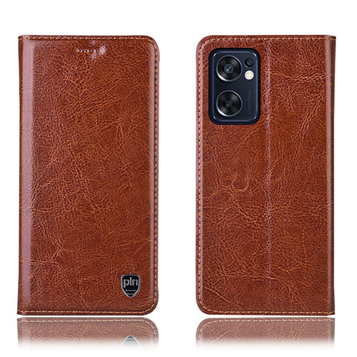 Leather Case Stands Flip Cover Holder H04P for Oppo Reno7 SE 5G Light Brown