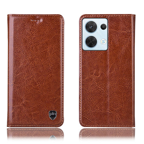 Leather Case Stands Flip Cover Holder H04P for Oppo Reno8 5G Light Brown