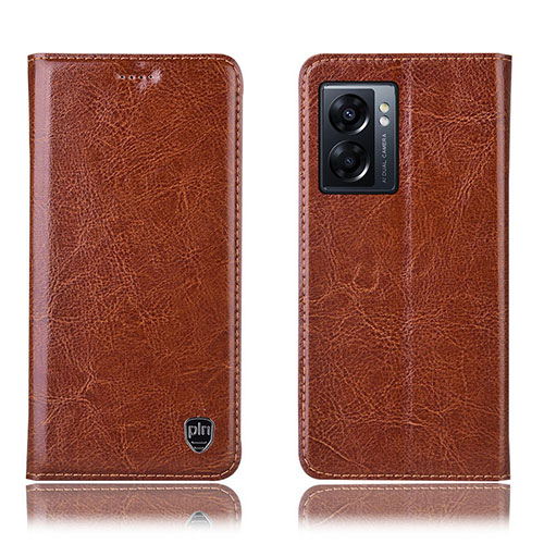 Leather Case Stands Flip Cover Holder H04P for Realme Q5i 5G Light Brown