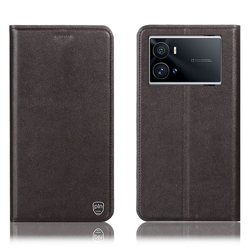 Leather Case Stands Flip Cover Holder H04P for Vivo iQOO 9 5G Brown