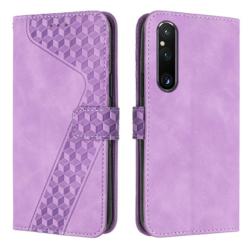 Leather Case Stands Flip Cover Holder H04X for Sony Xperia 1 V Purple