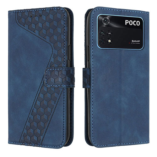 Leather Case Stands Flip Cover Holder H04X for Xiaomi Poco M4 Pro 4G Blue