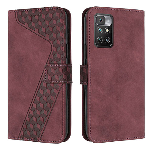Leather Case Stands Flip Cover Holder H04X for Xiaomi Redmi 10 (2022) Red Wine