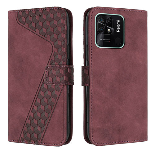 Leather Case Stands Flip Cover Holder H04X for Xiaomi Redmi 10 India Red Wine