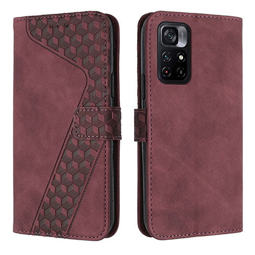 Leather Case Stands Flip Cover Holder H04X for Xiaomi Redmi Note 11 5G Red Wine