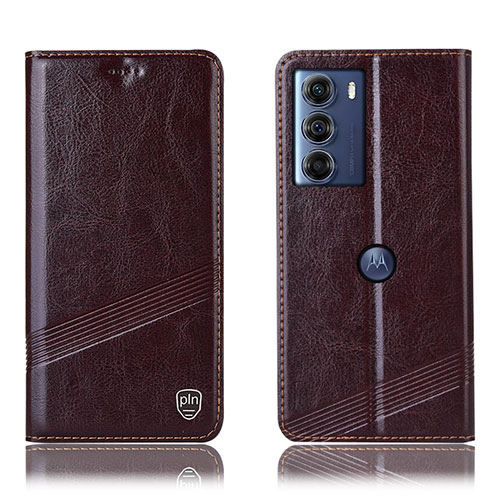 Leather Case Stands Flip Cover Holder H05P for Motorola Moto G200 5G Brown