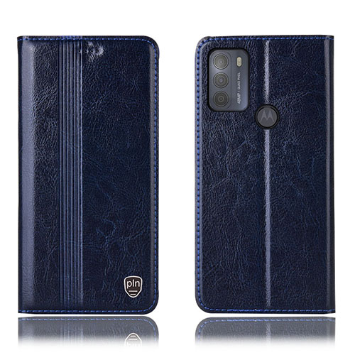 Leather Case Stands Flip Cover Holder H05P for Motorola Moto G50 Blue