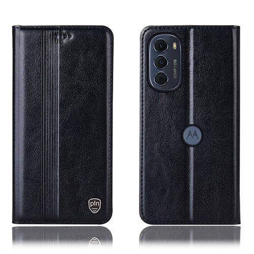 Leather Case Stands Flip Cover Holder H05P for Motorola MOTO G52 Black